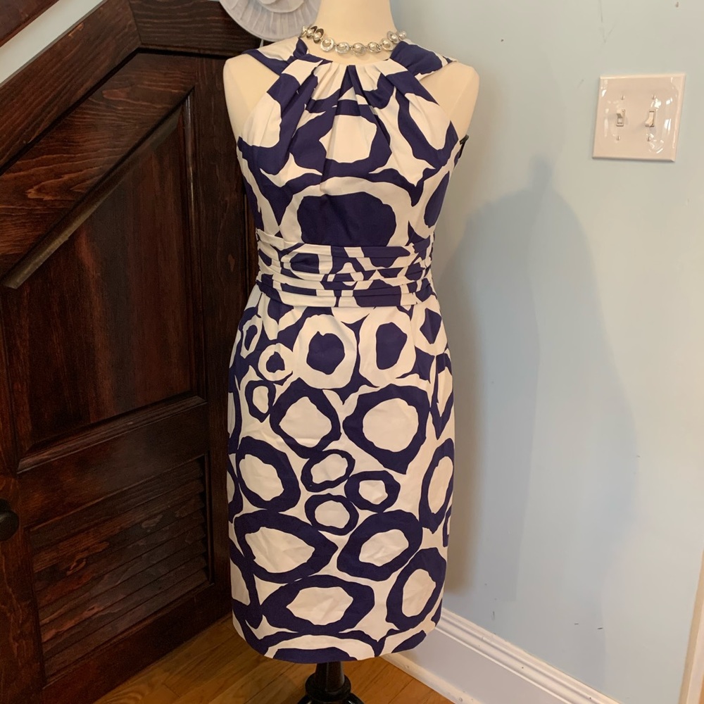 David Meister Blue Whitr geo pattern dress, size 8